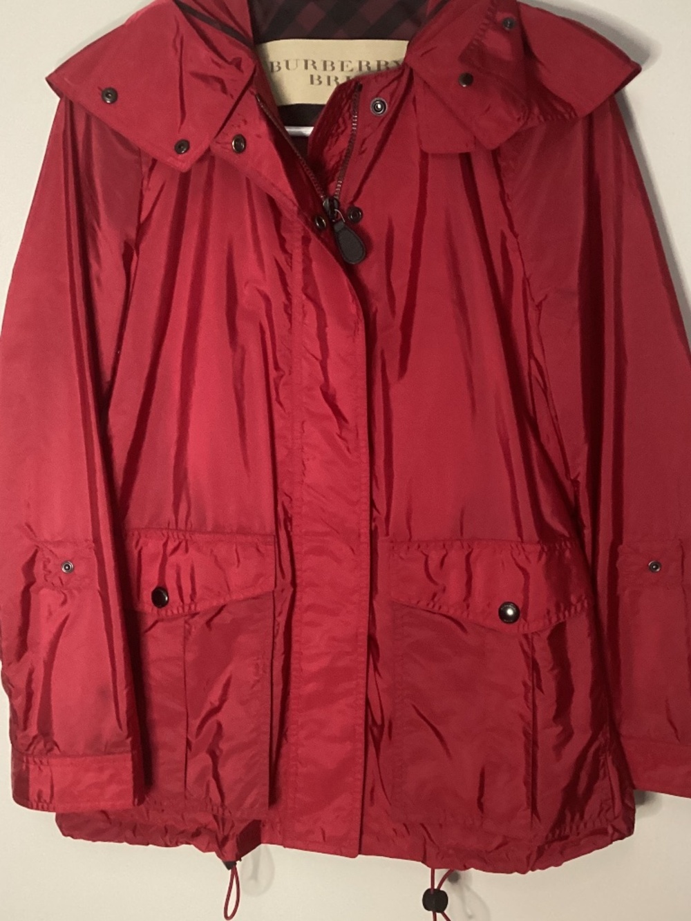Authentic Burberry Brit Women Red Nylon Hooded Windbreaker Utility Rain Jacket 4
